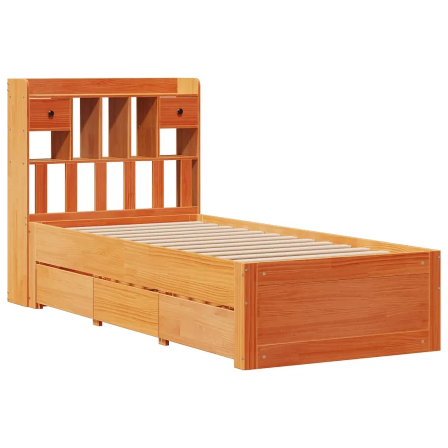 Lit bibliothèque sans matelas cire marron 100x200 cm pin massif - 3