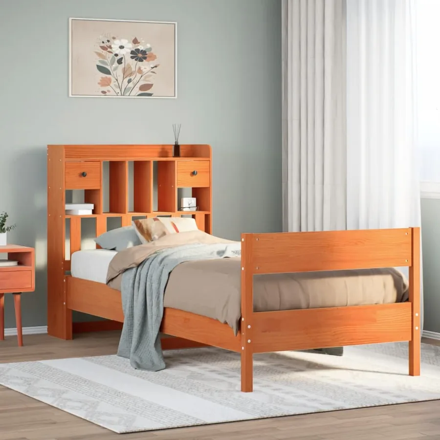 Lit bibliothèque sans matelas cire marron 100x200 cm pin massif