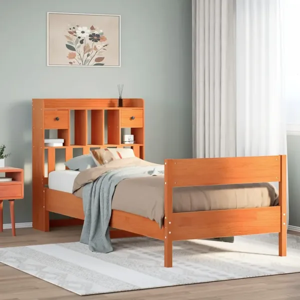 Lit bibliothèque sans matelas cire marron 100x200 cm pin massif