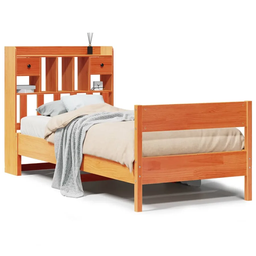 Lit bibliothèque sans matelas cire marron 100x200 cm pin massif - 2