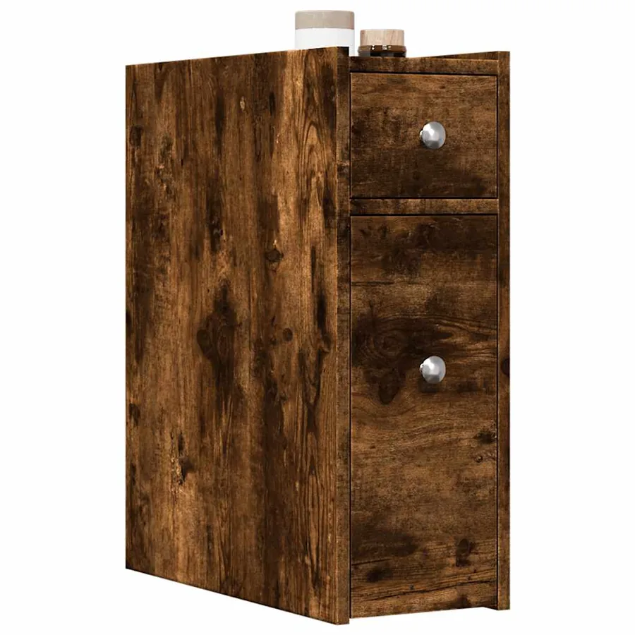 Armoire de salle de bain étroite avec roulettes chêne fumé
