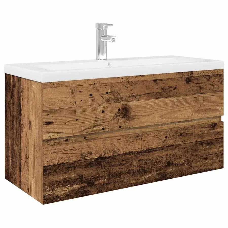 Meuble lavabo avec bassin et robinet intégrés vieux bois - 2