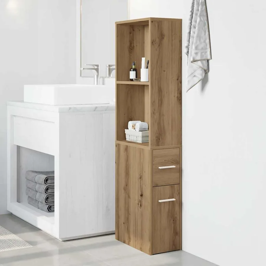 Armoire de salle de bain étroite avec roulettes chêne artisanal