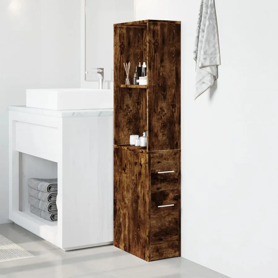 Armoire de salle de bain étroite avec roulettes chêne fumé - 3