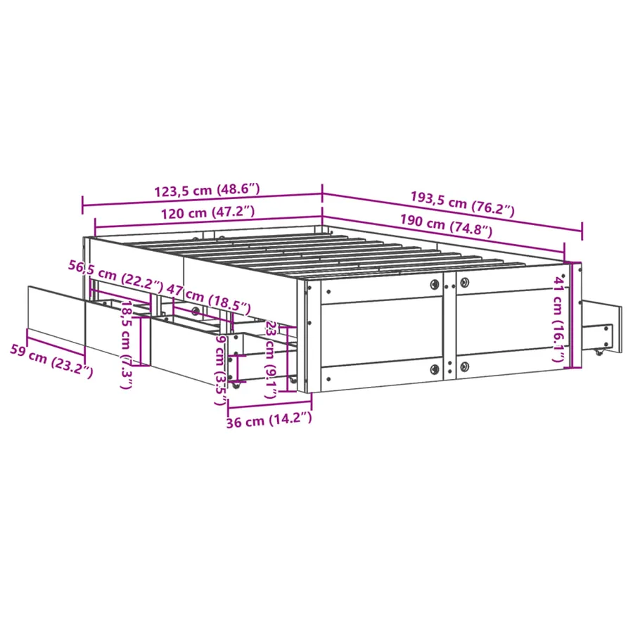 Cadre de lit sans matelas avec tiroirs 120x190 cm bois de pin - 13