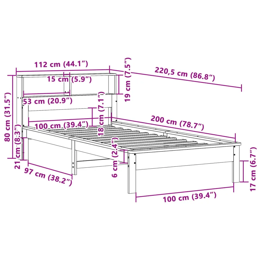 Lit bibliothèque sans matelas 100x200 cm bois massif de pin - 9