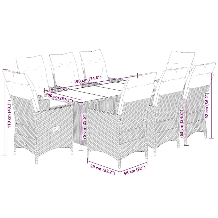 Ensemble à manger de jardin et coussins 9 pcs marron poly rotin - 7