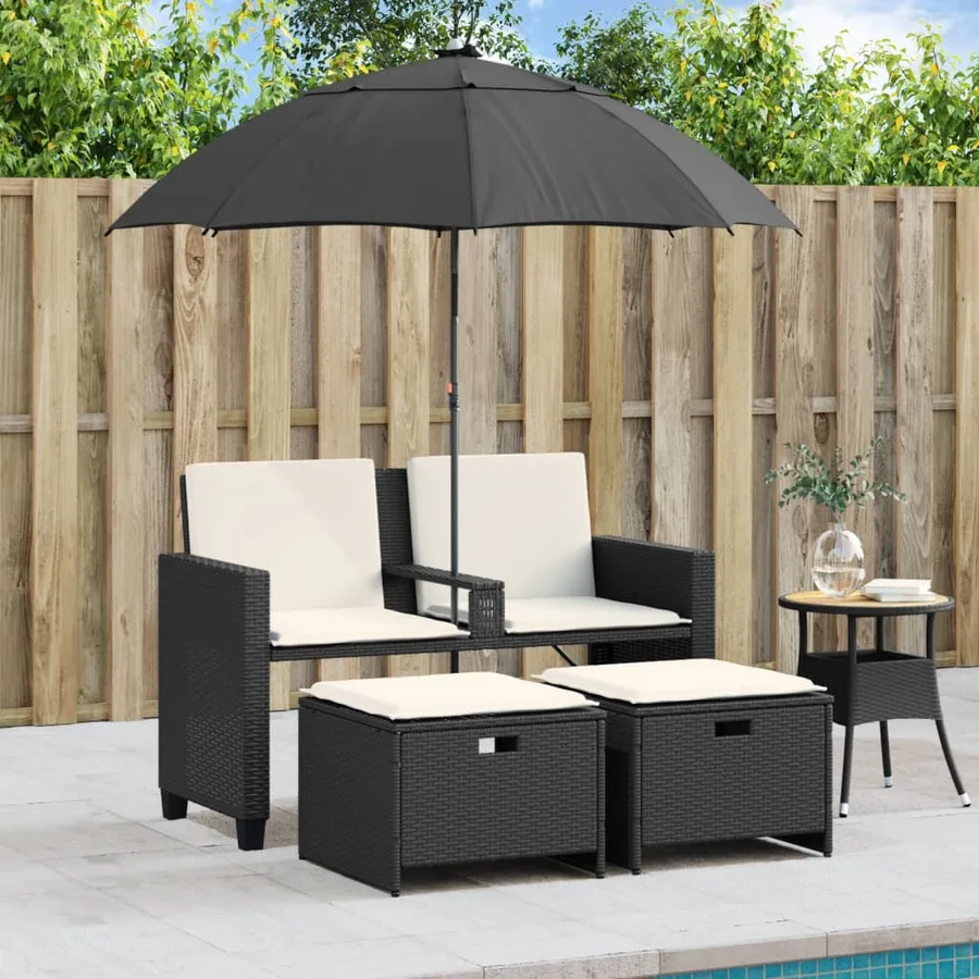 Canapé de jardin 2 places avec parasol et tabourets noir rotin - 3