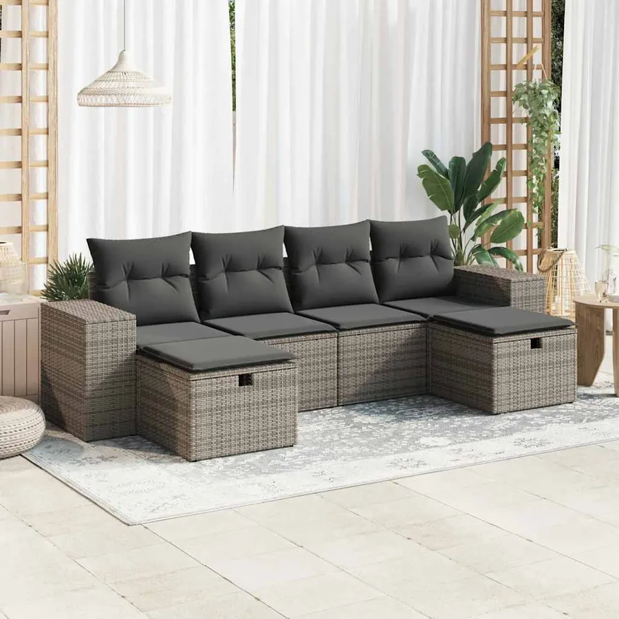 Salon de jardin 6 pcs avec coussins gris résine tressée