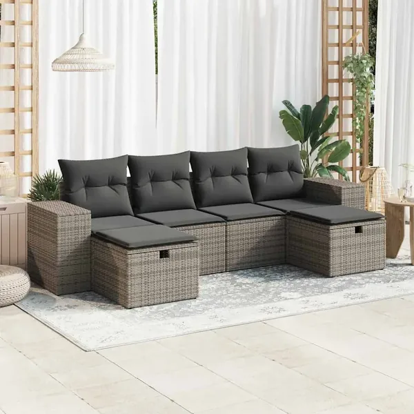 Salon de jardin 6 pcs avec coussins gris résine tressée