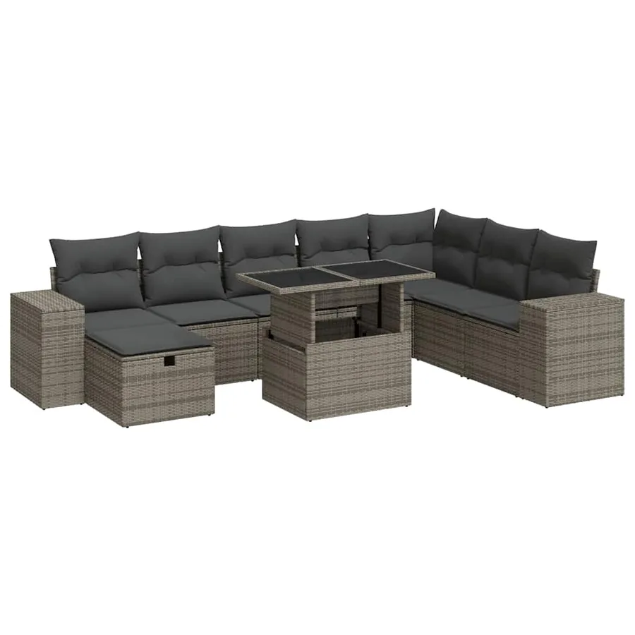 Salon de jardin 9 pcs avec coussins gris résine tressée - 2