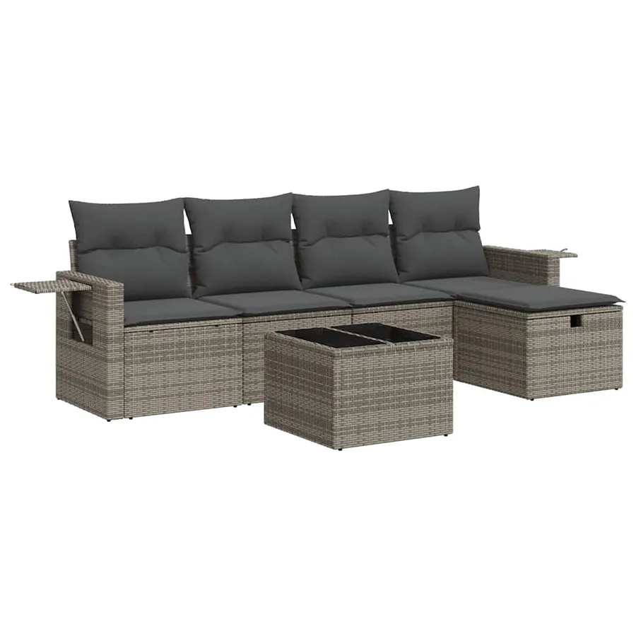 Salon de jardin 6 pcs avec coussins gris résine tressée - 2
