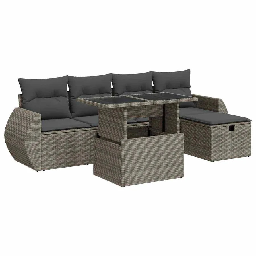 Salon de jardin 6 pcs avec coussins gris résine tressée - 2