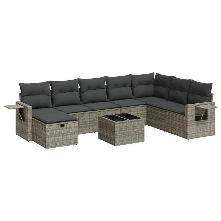 Salon de jardin 9 pcs avec coussins gris résine tressée - 2