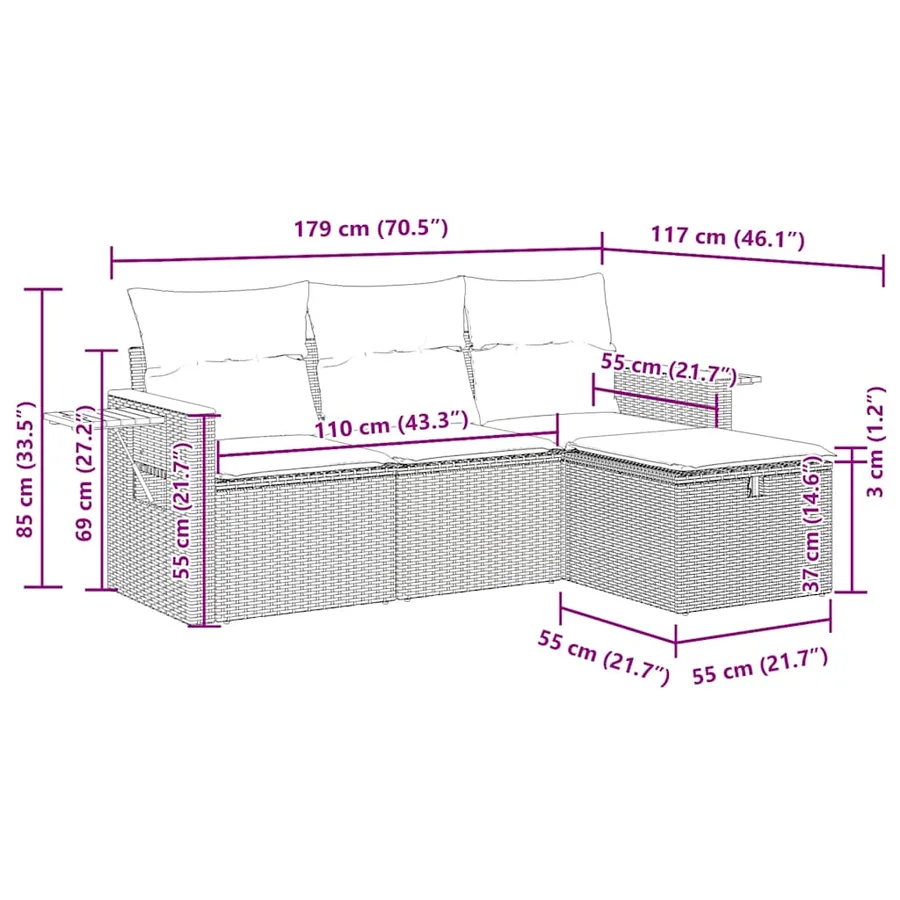Salon de jardin 4 pcs avec coussins gris résine tressée - 13