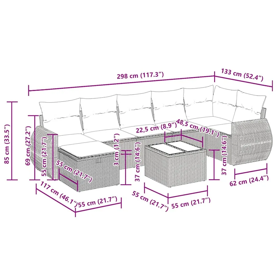Salon de jardin 8 pcs avec coussins gris résine tressée - 16