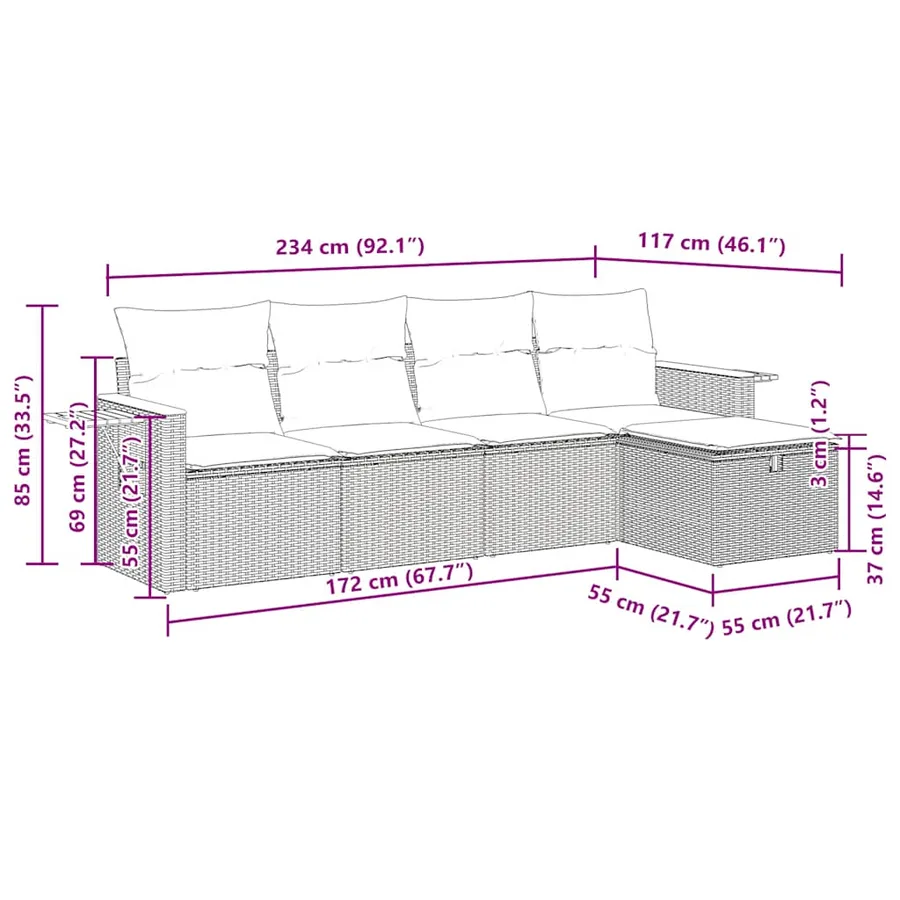 Salon de jardin 5 pcs avec coussins gris résine tressée - 13