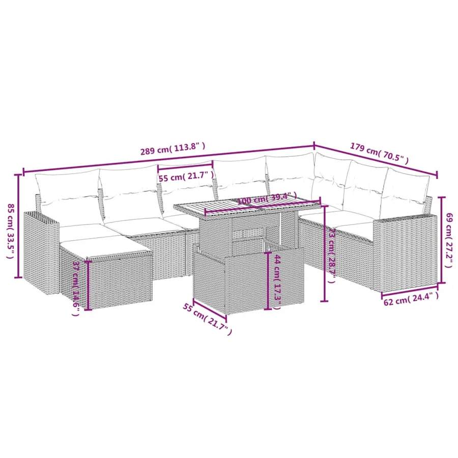 Salon de jardin avec coussins 9 pcs beige résine tressée - 4
