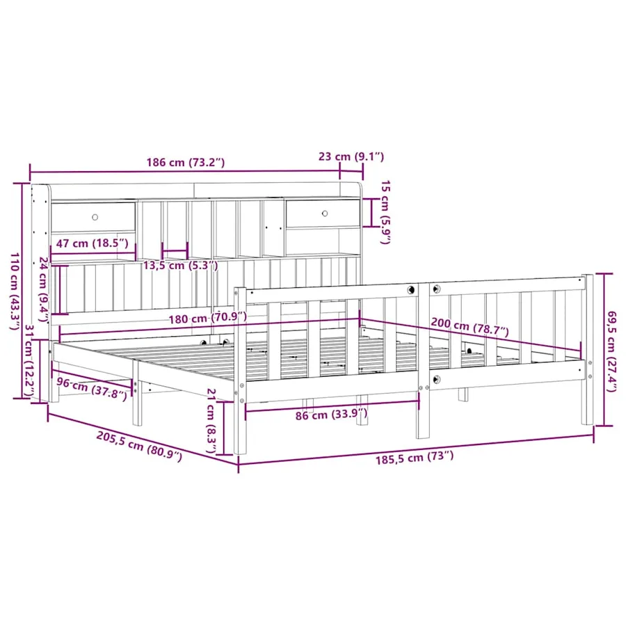Lit bibliothèque sans matelas 180x200 cm bois massif de pin - 11
