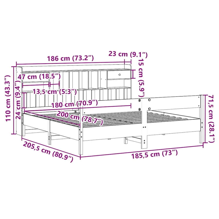 Lit bibliothèque sans matelas 180x200 cm bois massif de pin - 10