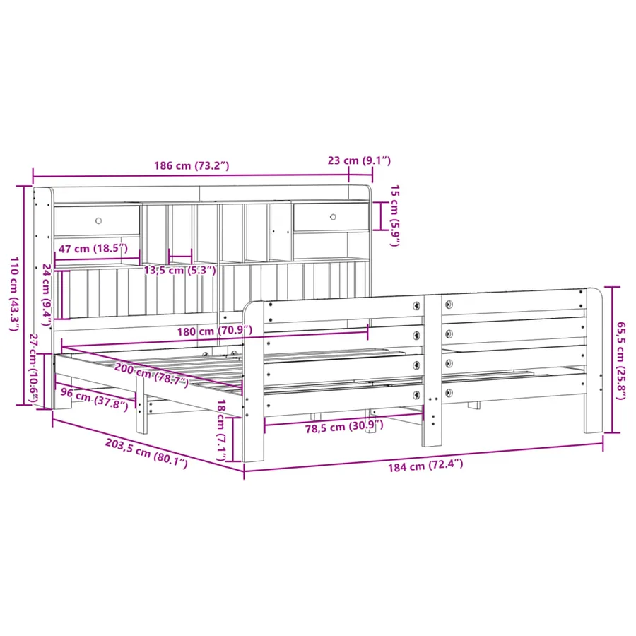 Lit bibliothèque sans matelas 180x200 cm bois massif de pin - 11