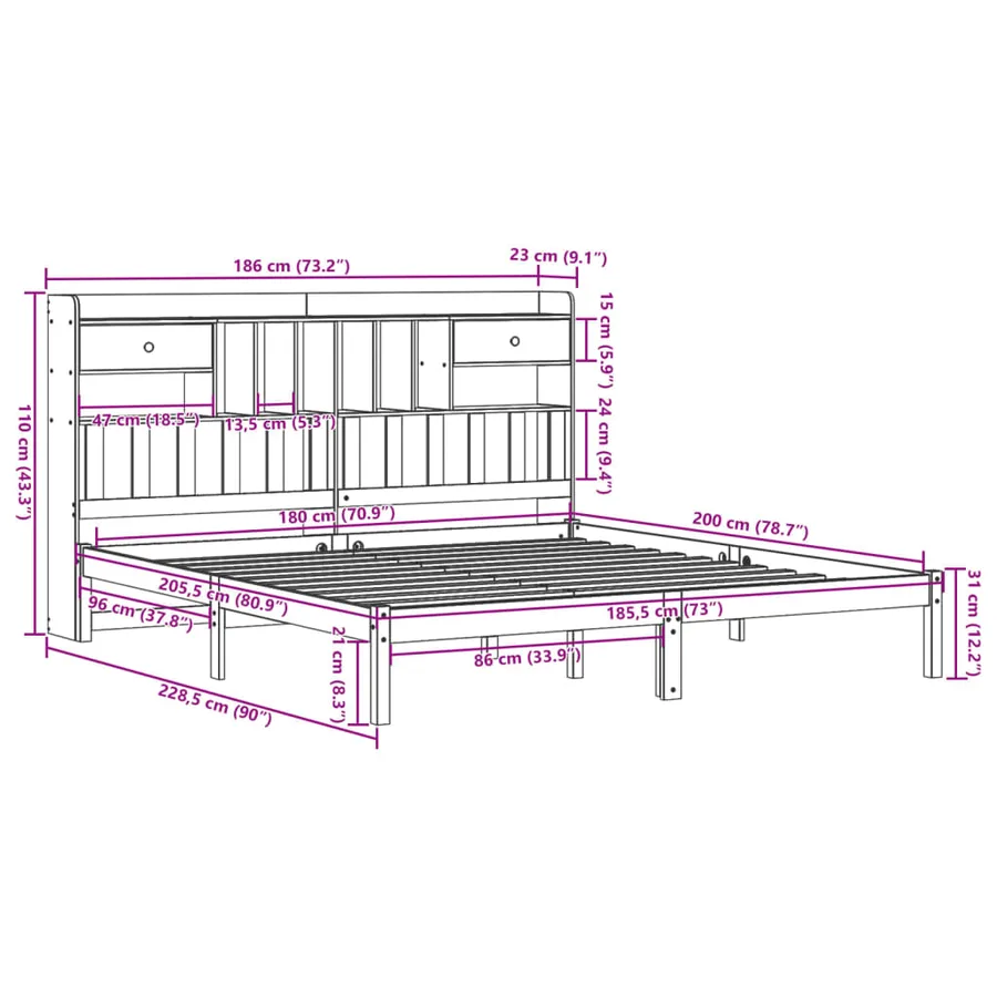 Lit bibliothèque sans matelas 180x200 cm bois massif de pin - 11