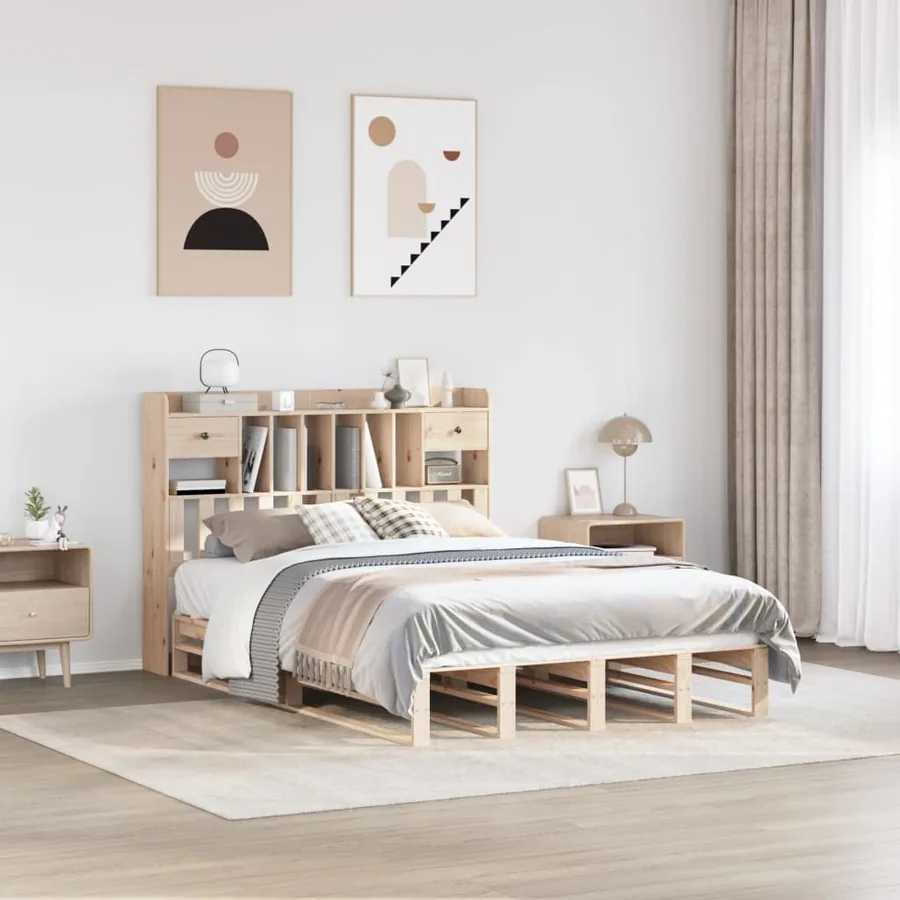 Lit bibliothèque sans matelas 140x200 cm bois massif de pin