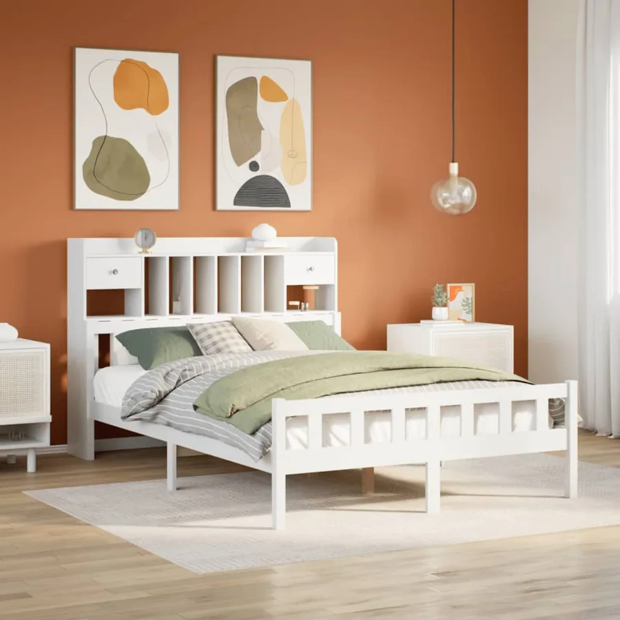 Lit bibliothèque sans matelas blanc 150x200 cm bois pin massif