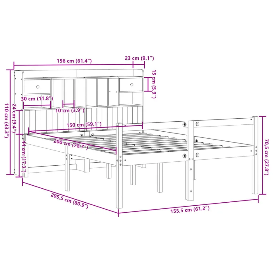 Lit bibliothèque sans matelas blanc 150x200 cm bois pin massif - 11