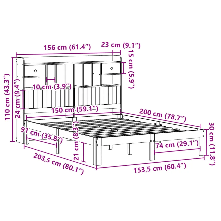 Lit bibliothèque sans matelas blanc 150x200 cm bois pin massif - 11
