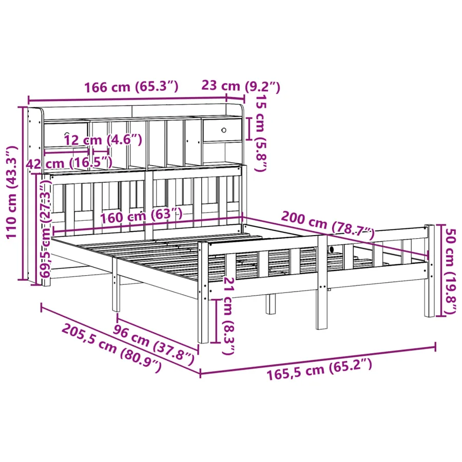 Lit bibliothèque sans matelas blanc 160x200 cm bois pin massif - 11