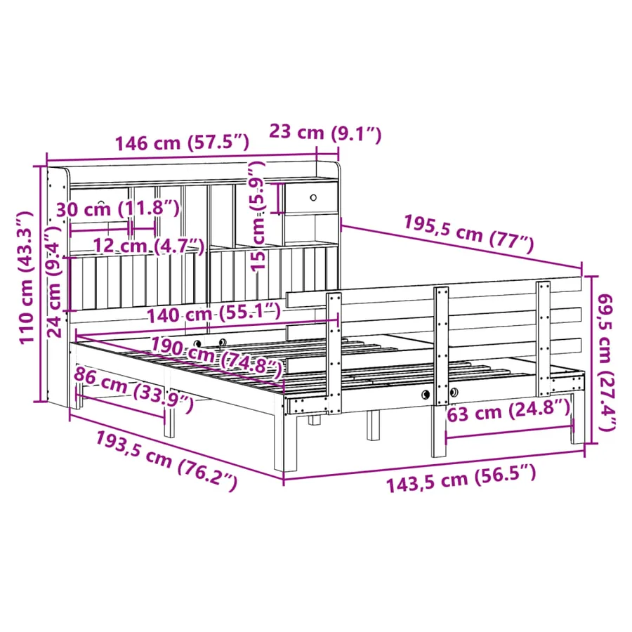 Lit bibliothèque sans matelas 140x190 cm bois de pin massif - 11