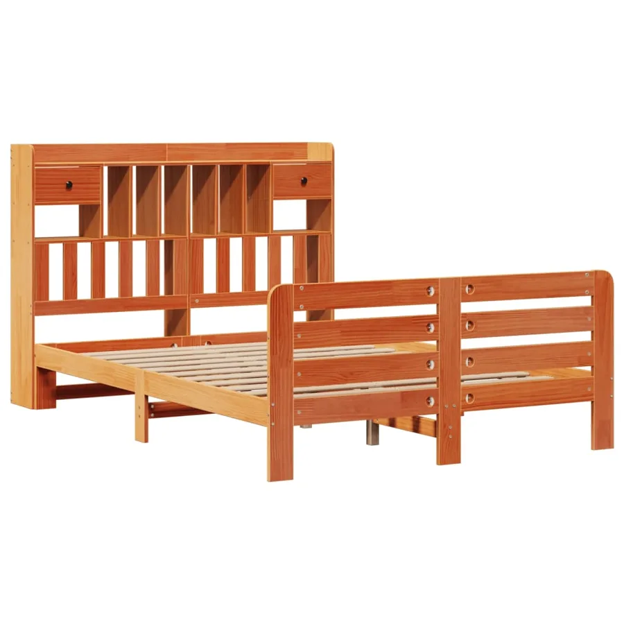 Lit bibliothèque sans matelas cire marron 150x200 cm pin massif - 3