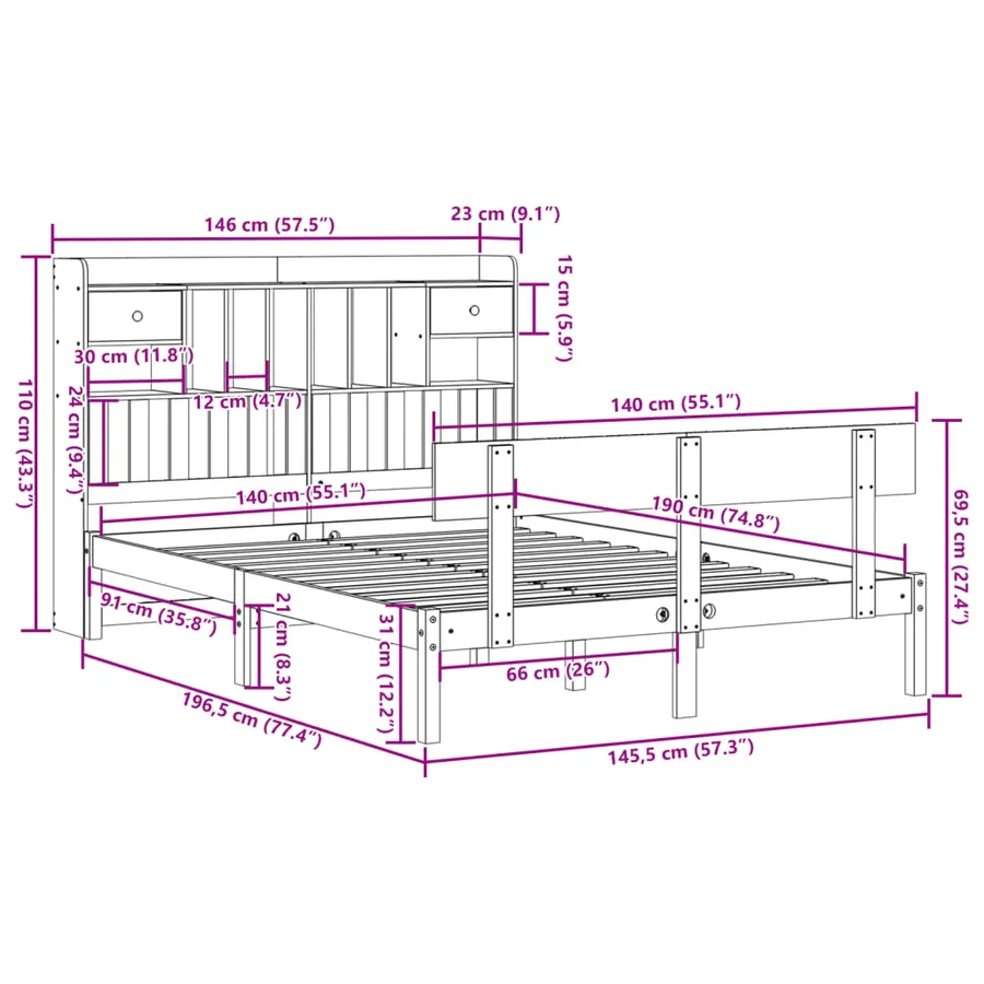Lit bibliothèque sans matelas blanc 140x190 cm bois pin massif - 11