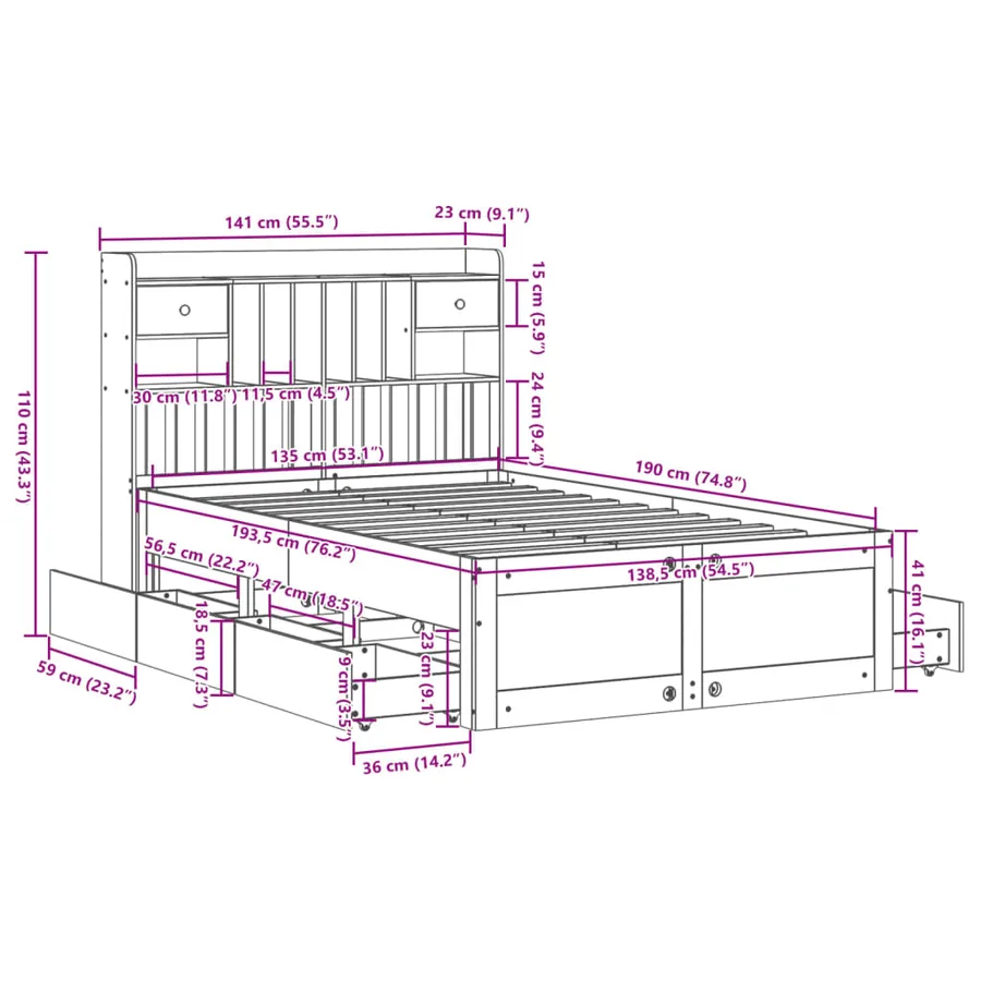 Lit bibliothèque sans matelas 135x190 cm bois de pin massif - 15