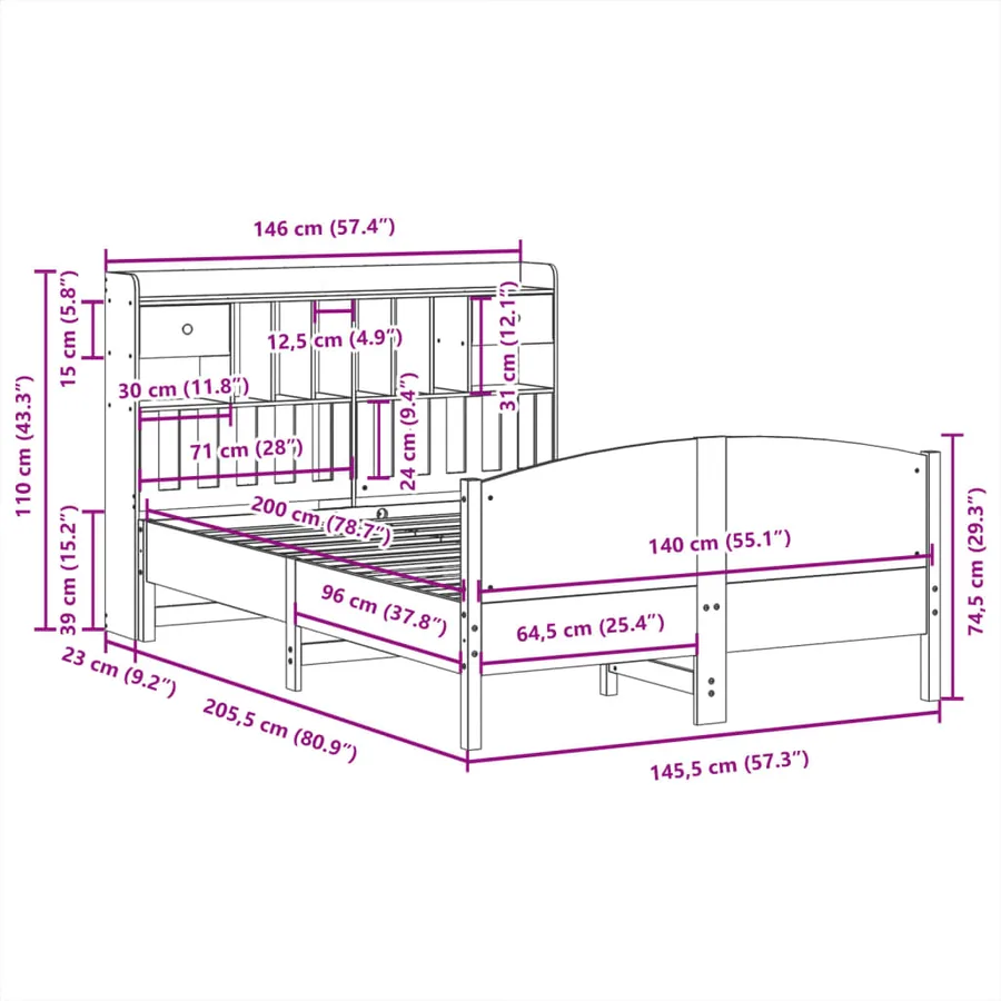 Lit bibliothèque sans matelas blanc 140x200 cm bois pin massif - 11