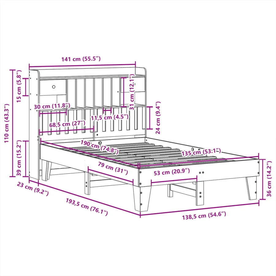 Cadre de lit sans matelas 135x190 cm bois de pin massif - 11