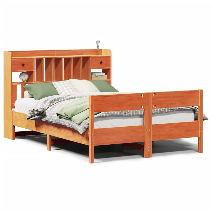 Lit bibliothèque sans matelas cire marron 160x200 cm pin massif - 2