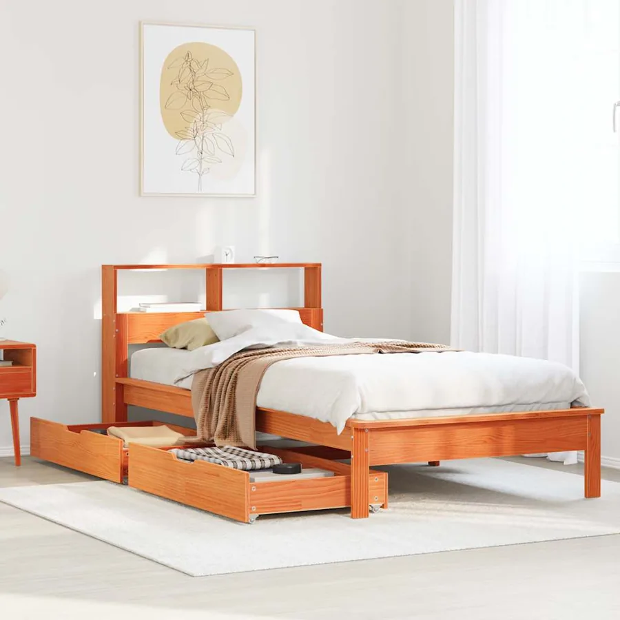 Lit bibliothèque sans matelas cire marron 100x200 cm pin massif