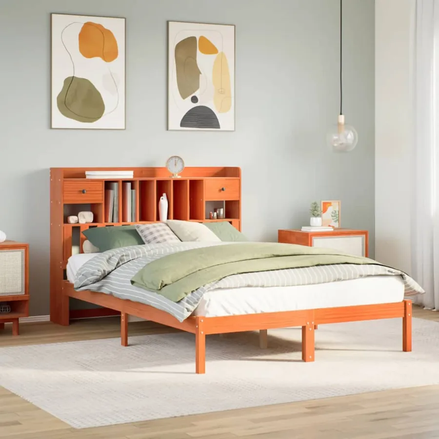Lit bibliothèque sans matelas cire marron 150x200 cm pin massif
