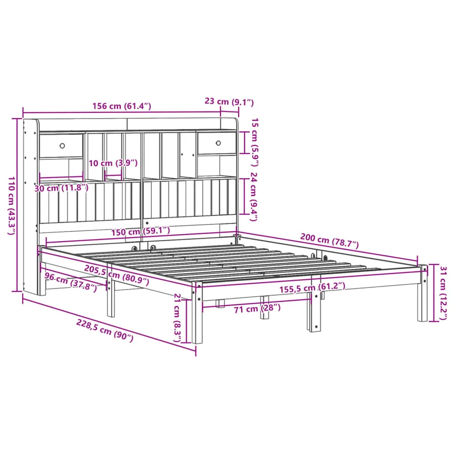Lit bibliothèque sans matelas cire marron 150x200 cm pin massif - 11