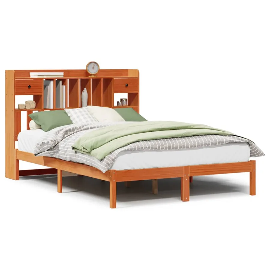 Lit bibliothèque sans matelas cire marron 150x200 cm pin massif - 2