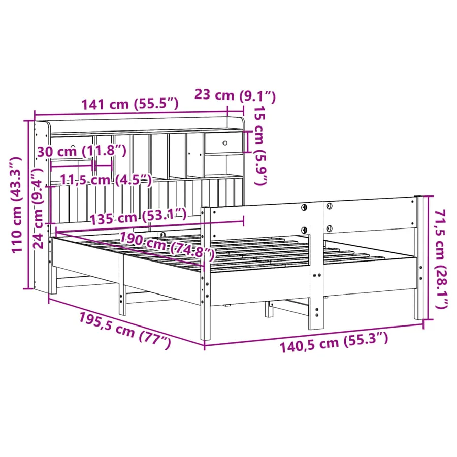 Lit bibliothèque sans matelas 135x190 cm bois de pin massif - 11