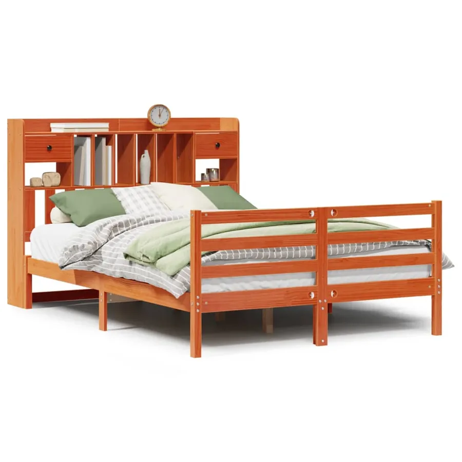 Lit bibliothèque sans matelas cire marron 150x200 cm pin massif - 2