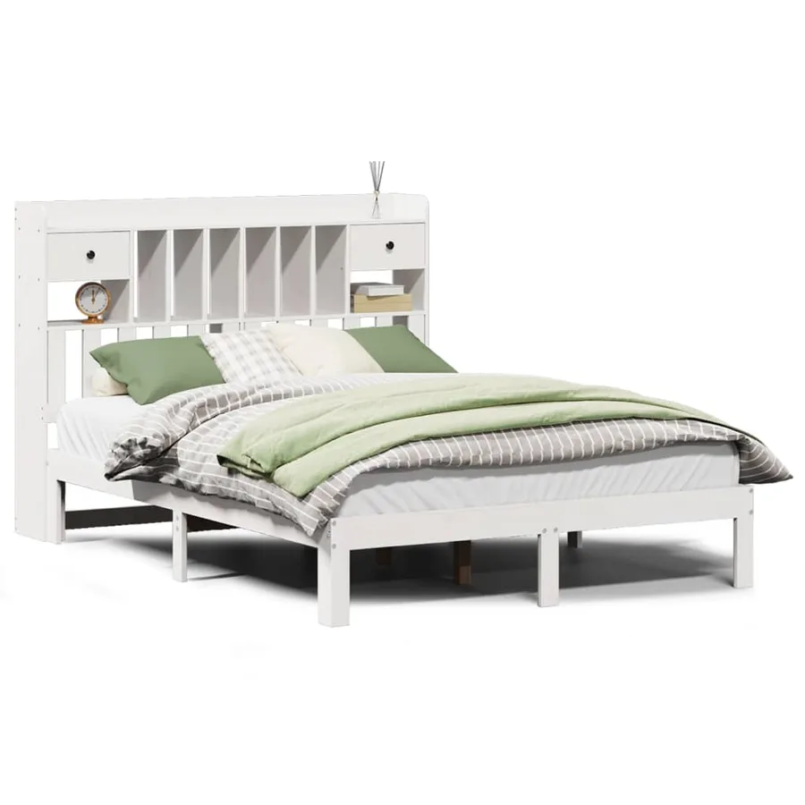 Lit bibliothèque sans matelas blanc 140x190 cm bois pin massif - 2