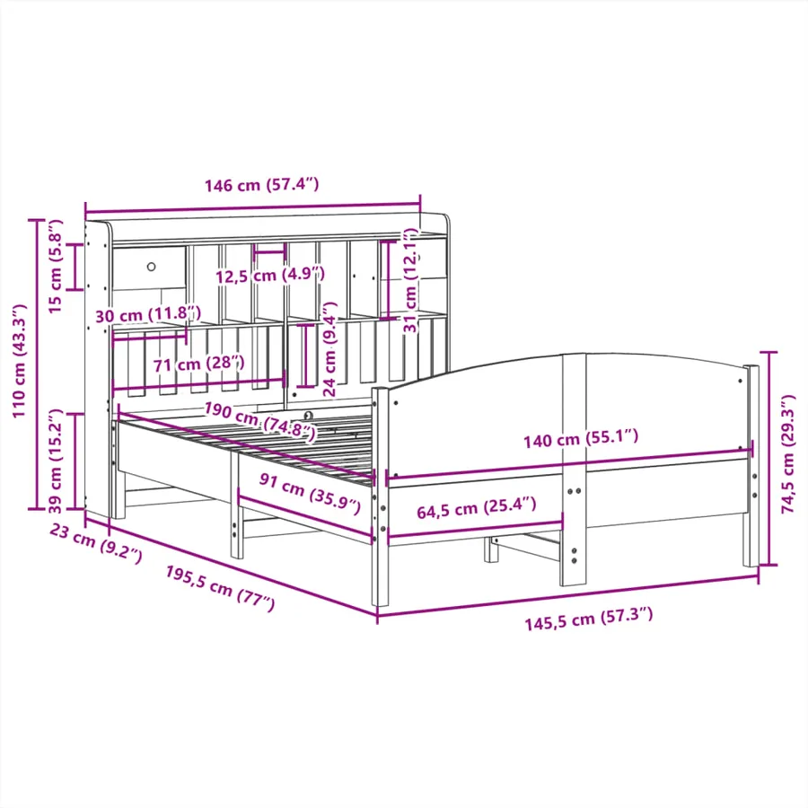 Lit bibliothèque sans matelas blanc 140x190 cm bois pin massif - 11