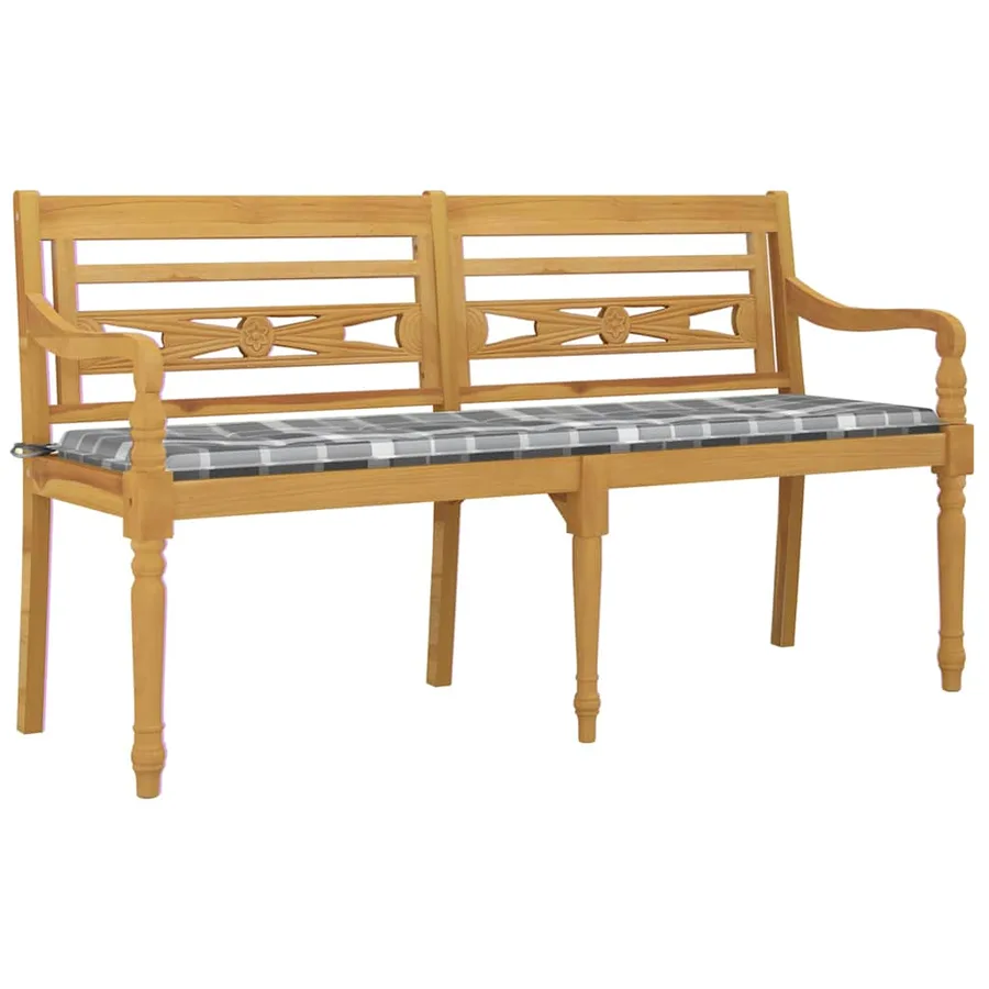 Banc Batavia coussin à motif de carreaux gris 150cm Bois teck - 3