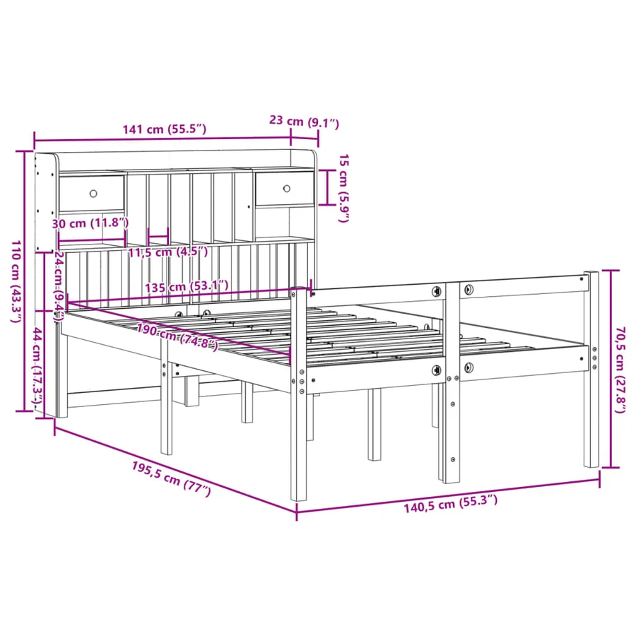 Lit bibliothèque sans matelas 135x190 cm bois de pin massif - 11