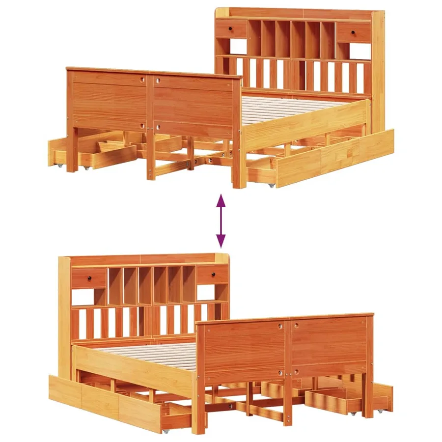 Lit bibliothèque sans matelas cire marron 140x200 cm pin massif - 12