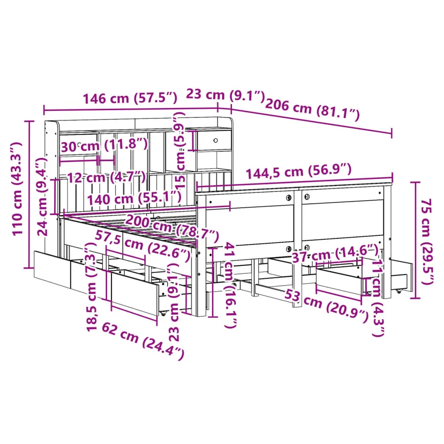Lit bibliothèque sans matelas cire marron 140x200 cm pin massif - 16